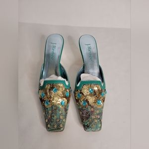 J. Renee 9.5 Lucetta Mule Kitten Heel Peacock Blue Green Sequin
